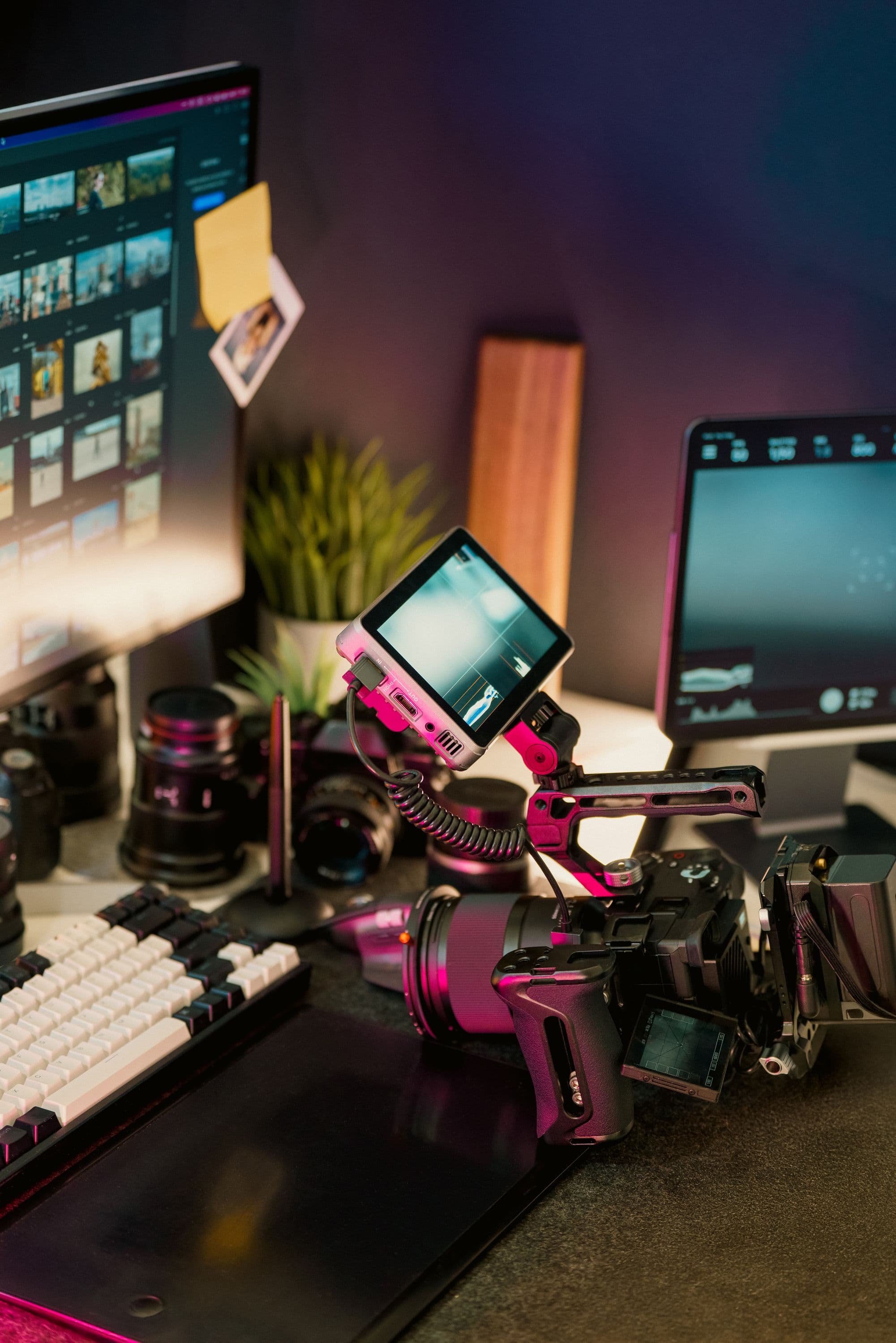 Camera and editing screens in a content production workspace